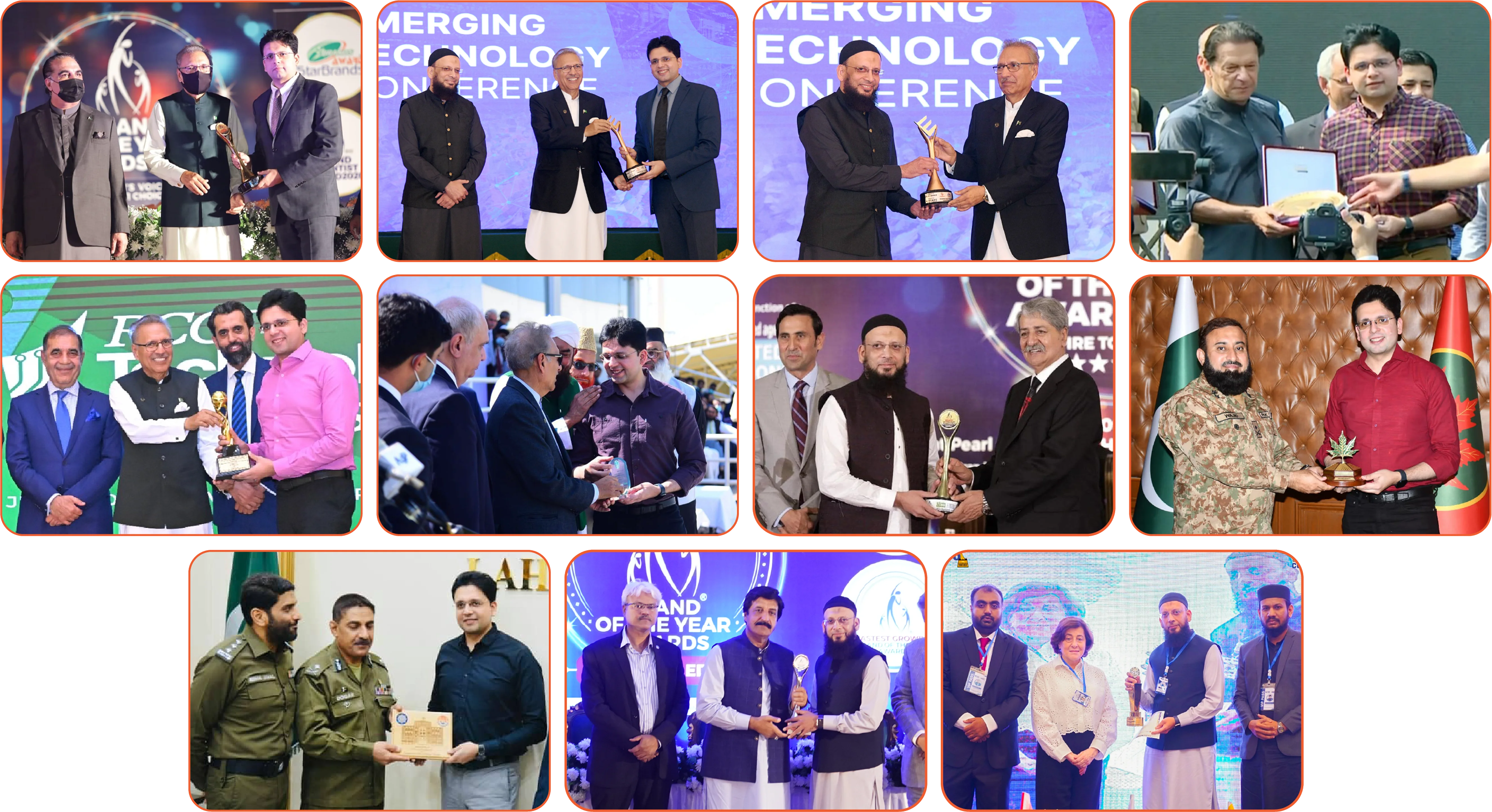 Eleven photographs of Enablers founders receiving awards, arranged in rows of four, four and three