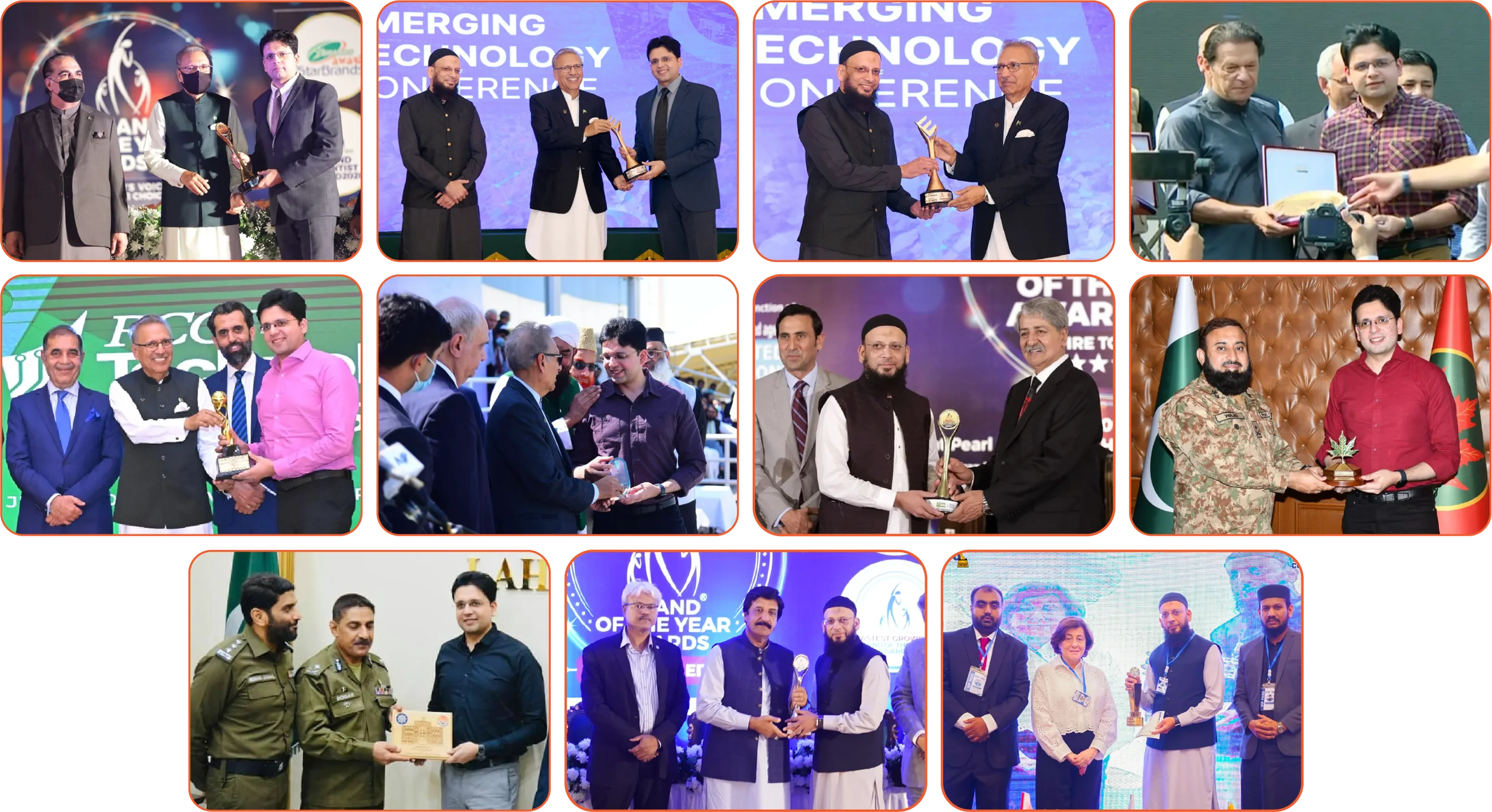 Eleven photographs of Enablers founders receiving awards, arranged in rows of four, four and three